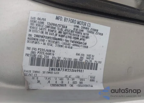 2005 Mercury Grand Marquis Ls/Lse z USA, uszkodzony, nr VIN 2MEFM75W25X669981